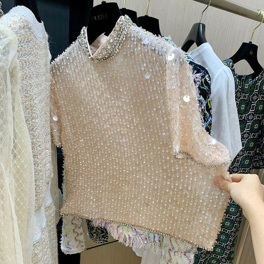 Playera Mujer Verano con Lentejuelas y Diamantes Incrustados
