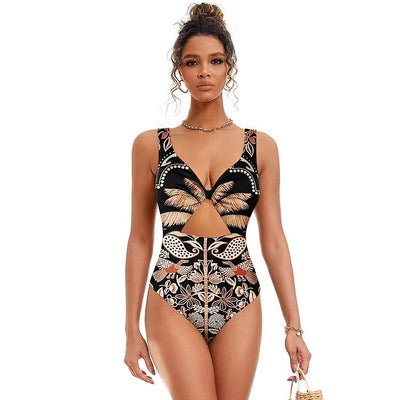 Black one-piece swimsuit with an asymmetrical top and matching long skirt, featuring a tropical palm tree and bird print. - Image 18
