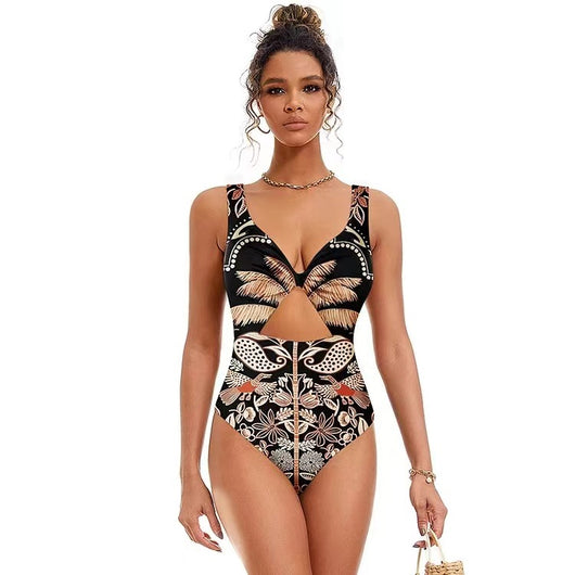 Black one-piece swimsuit with an asymmetrical top and matching long skirt, featuring a tropical palm tree and bird print. - Image 18