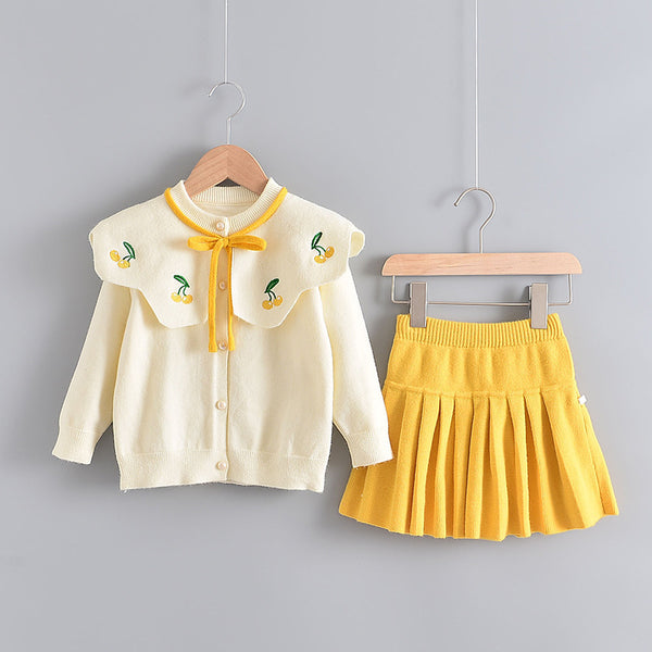 Conjunto de Dos Piezas Tejido Estilo Occidental para Niñas - Suéter y Falda Manga Larga
