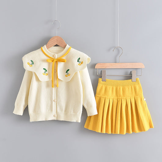 Conjunto de Dos Piezas Tejido Estilo Occidental para Niñas - Suéter y Falda Manga Larga - Image 2