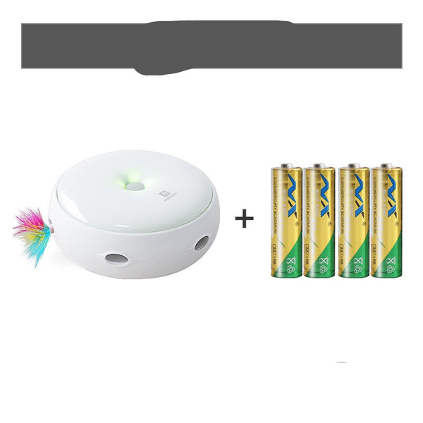 White electric cat toy with a colorful feather attachment and four AA batteries for interactive pet play.