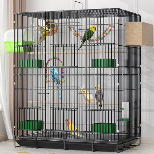 Black double-layer metal bird cage with multiple perches, green food/water dishes, and toys, housing several colorful birds.