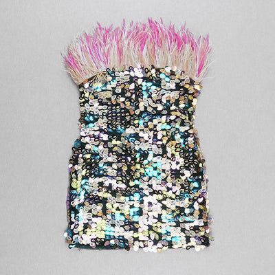 Vestido Corto Tubo Lentejuelas Degradado con Plumas Deslumbrante - Image 20