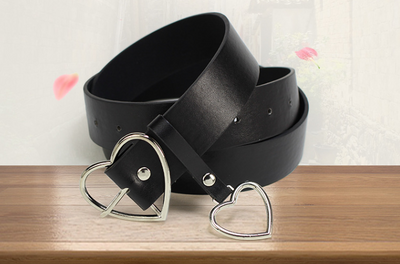 Black imitation leather belt with a silver heart-shaped pin buckle and a dangling silver heart charm. - Image 8