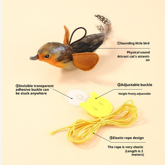 Plush bird cat toy with orange chest, brown body, and real speckled feathers, includes a yellow hanging rope. - Image 4