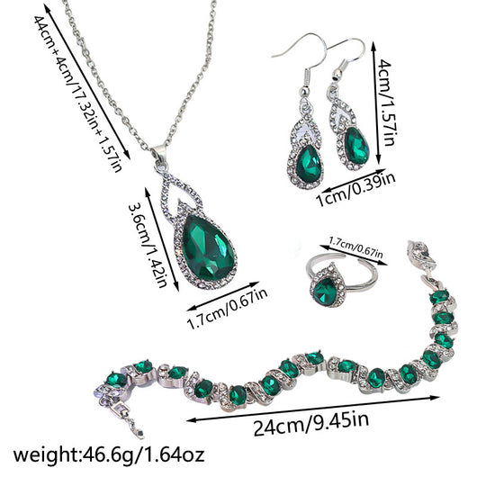 Light luxury jewelry set with silver-tone necklace, dangle earrings, open ring, and bracelet, all featuring emerald green teardrop and oval stones with clear rh - Image 10