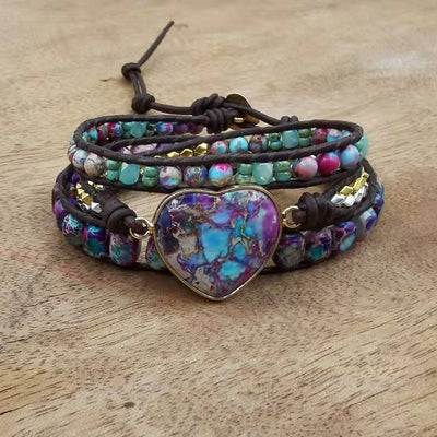 Pulsera de Cuero de Vaca con Tres Círculos Piedra Emperador y Cuentas