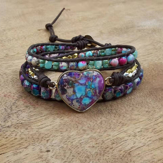 Pulsera de Cuero de Vaca con Tres Círculos Piedra Emperador y Cuentas