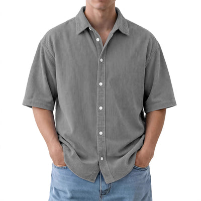 Camisa de Pana Suelta para Hombre - Manga Corta Color Sólido - Image 5