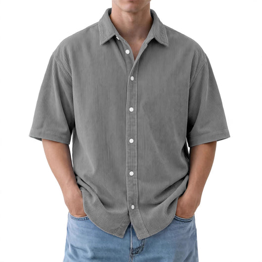 Camisa de Pana Suelta para Hombre - Manga Corta Color Sólido - Image 5