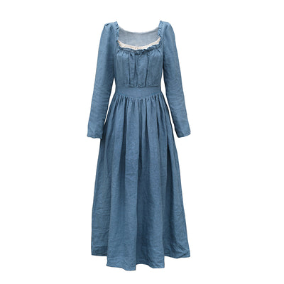 Vestido Lino Cuello Cuadrado Manga Larga Ajustado Otoño Invierno - Image 7