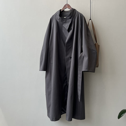 Abrigo Trinchera Largo Mujer Cuello Alzado Oversized Abotonado Simple - Image 7