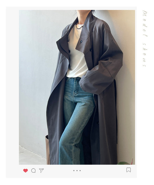 Abrigo Trinchera Largo Mujer Cuello Alzado Oversized Abotonado Simple - Image 10
