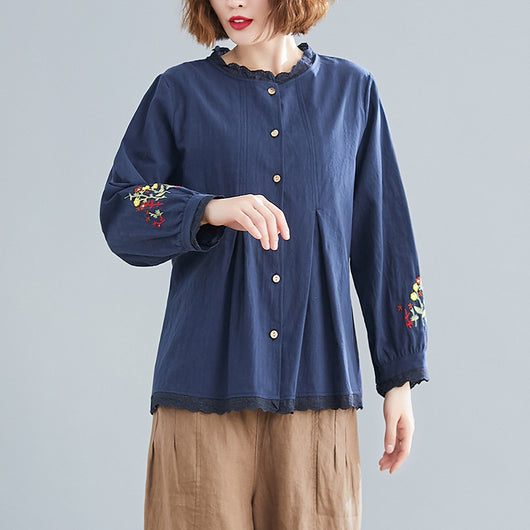 Blusa Oversized con Encaje Bordado en Cuello y Mangas Largas - Image 2