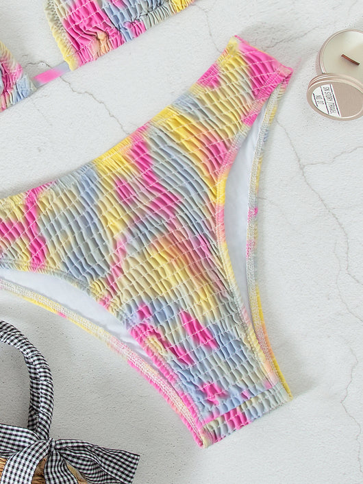 Multicolor tie-dye ruched two-piece swimsuit with a triangle bikini top and matching high-cut bottom. - Image 6