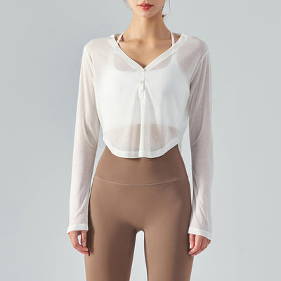 Blusa Yoga Suelta Cuello V Manga Larga con Efecto Drapeado - Image 9
