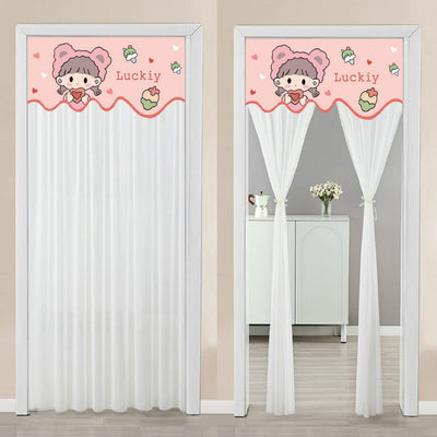 Double-layer blackout doorway curtain with a light blue top featuring a cartoon bear and "LUCK DAY!" text. - Image 4