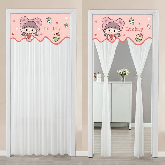 Double-layer blackout doorway curtain with a light blue top featuring a cartoon bear and "LUCK DAY!" text. - Image 4