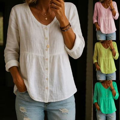 Camisa Holgada de Algodón y Lino con Cuello V y Botones