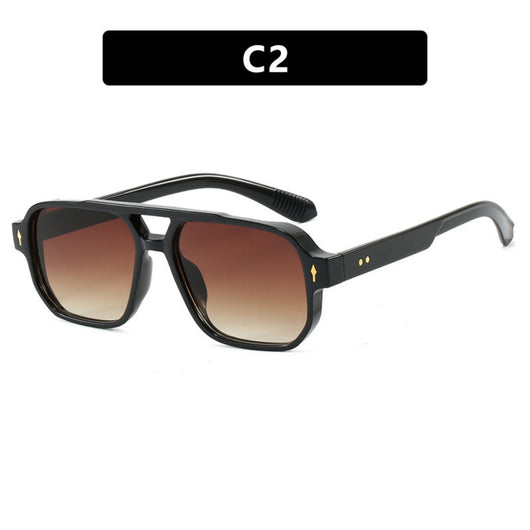 Black full-frame retro casual sunglasses with dark gray lenses and a double bridge, featuring gold accents. - Image 3
