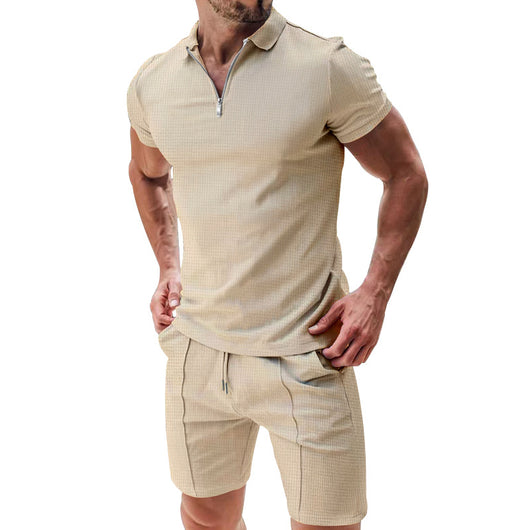 Conjunto Casual de Dos Piezas en Waffle para Hombre - Playera y Shorts con Cremallera - Image 5