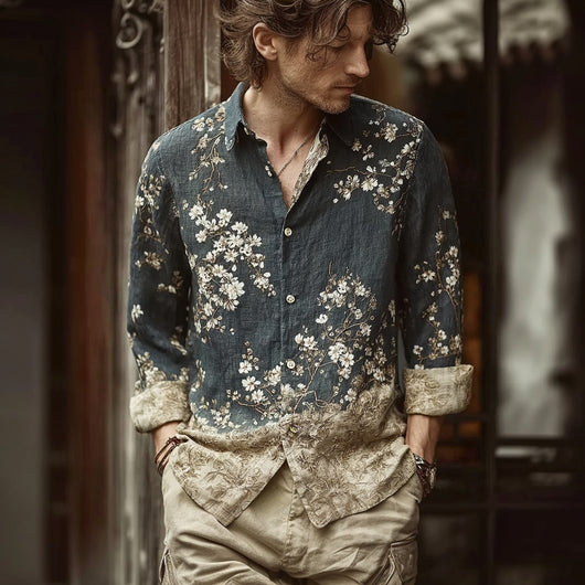Camisa Estampada de Manga Larga con Cuello Solapa para Hombre - Image 3