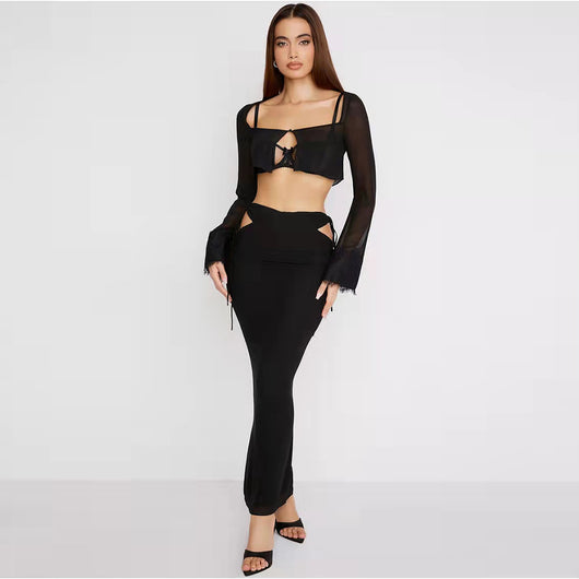 Blusa Cropped de Encaje y Gasa con Cuello Cuadrado y Manga Larga - Image 14
