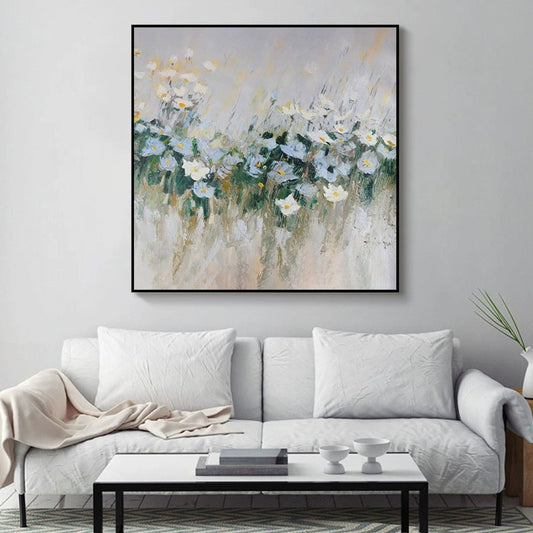 Cuadro Moderno Flores Azules Óleo Sobre Lienzo para Decoración del Hogar - Image 2