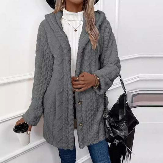 Abrigo Cardigan con Capucha y Botones - Chaqueta Larga de Invierno Color Sólido - Image 2