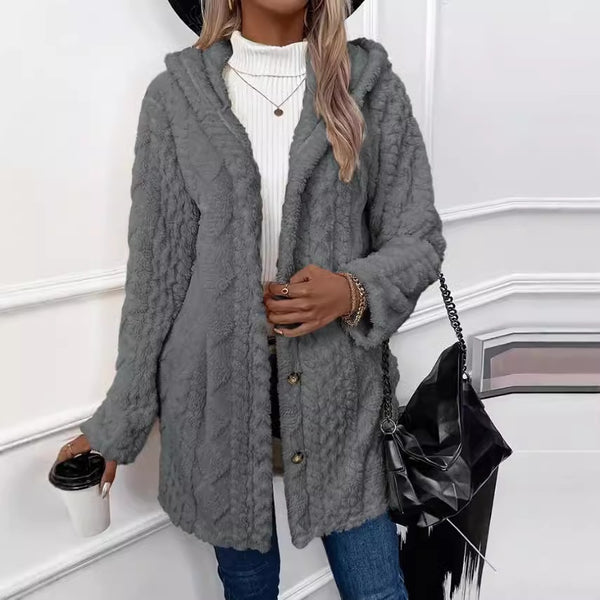 Abrigo Cardigan con Capucha y Botones - Chaqueta Larga de Invierno Color Sólido