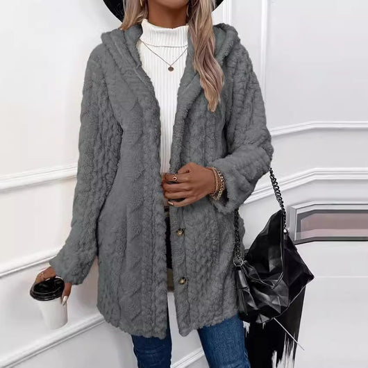 Abrigo Cardigan con Capucha y Botones - Chaqueta Larga de Invierno Color Sólido - Image 2