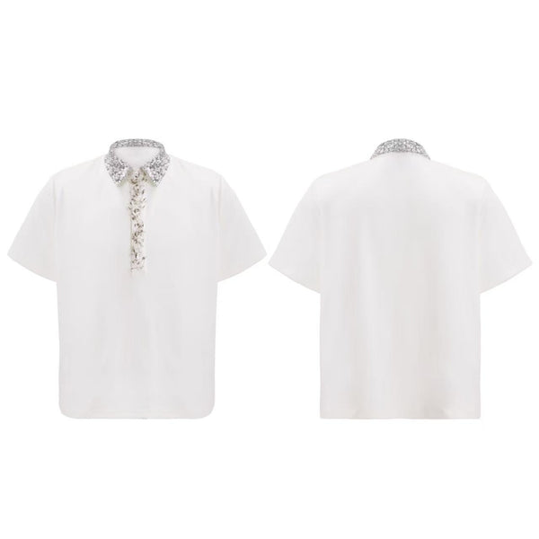 Polo Holgado con Cuello Cuadrado, Lentejuelas y Bordados Elaborados