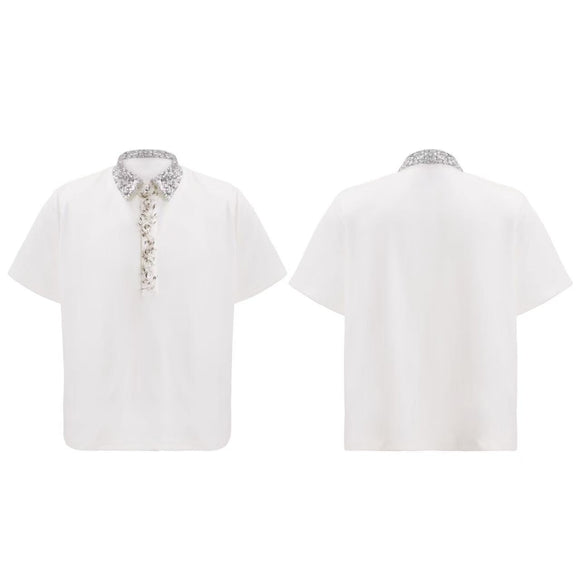 Polo Holgado con Cuello Cuadrado, Lentejuelas y Bordados Elaborados
