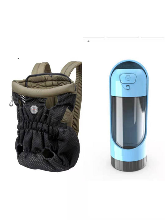Navy blue mesh pet carrier backpack with leg holes and a light blue portable pet water bottle with a transparent reservoir. - Image 10