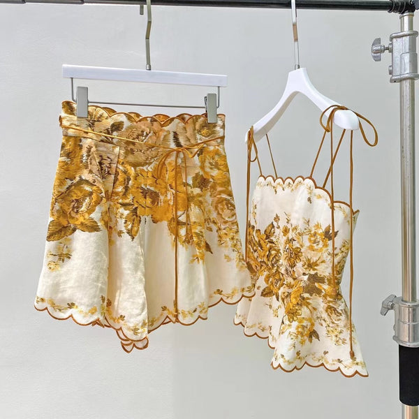 Conjunto de Blusa de Lino Ondulado y Shorts Estampados para Mujer
