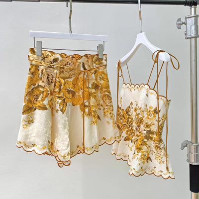 Conjunto de Blusa de Lino Ondulado y Shorts Estampados para Mujer