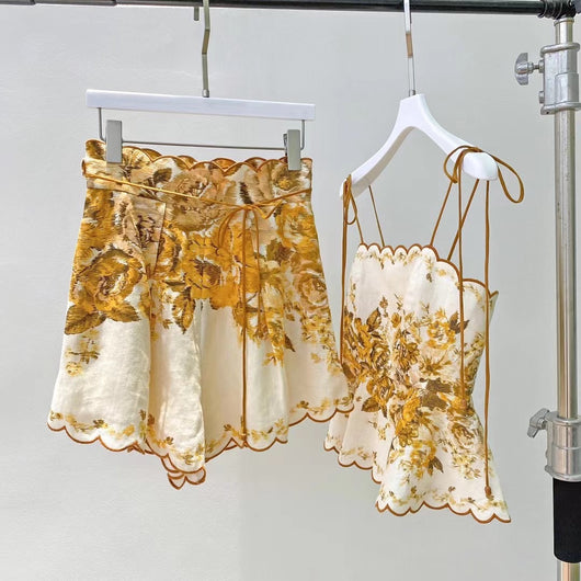 Conjunto de Blusa de Lino Ondulado y Shorts Estampados para Mujer