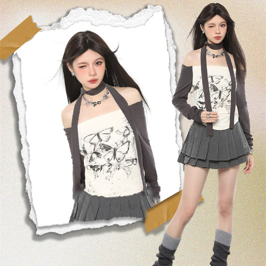 Blusa Manga Larga Estampado Mariposa Cuello Abierto Slim Fit
