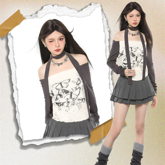 Blusa Manga Larga Estampado Mariposa Cuello Abierto Slim Fit