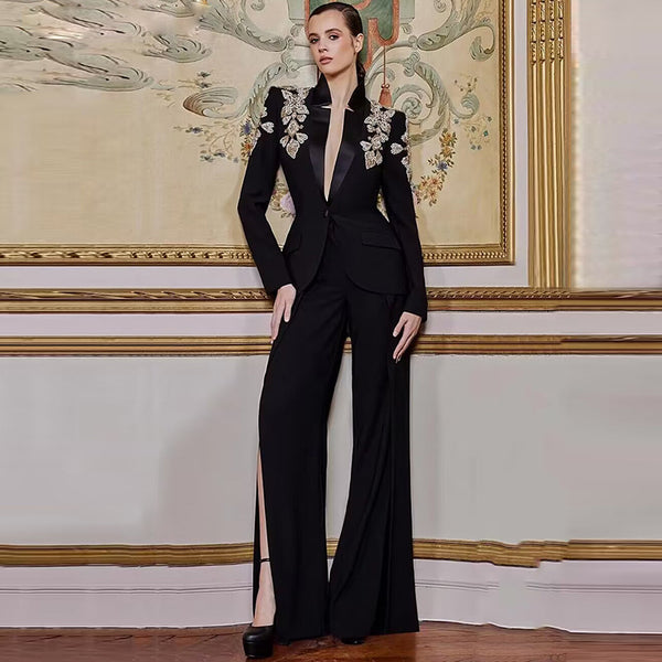 Traje Elegante con Blazer de Strass y Pantalón Dividido