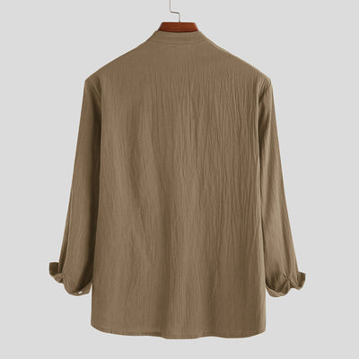 Camisa Holgada de Algodón y Lino Color Sólido Manga Larga - Image 4