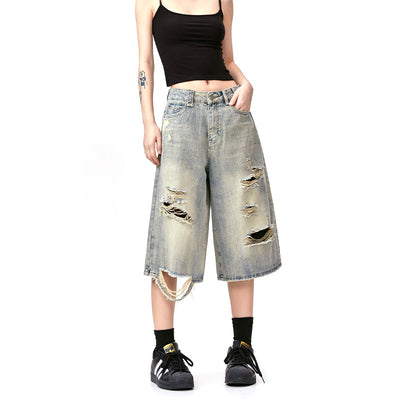 Pantalones Cortos Punk Rock Retro Americano Destructurados - Image 3