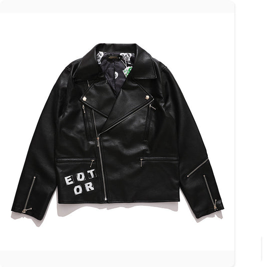 Chaqueta de Cuero para Hombre con Estampado de Letras y Cierre