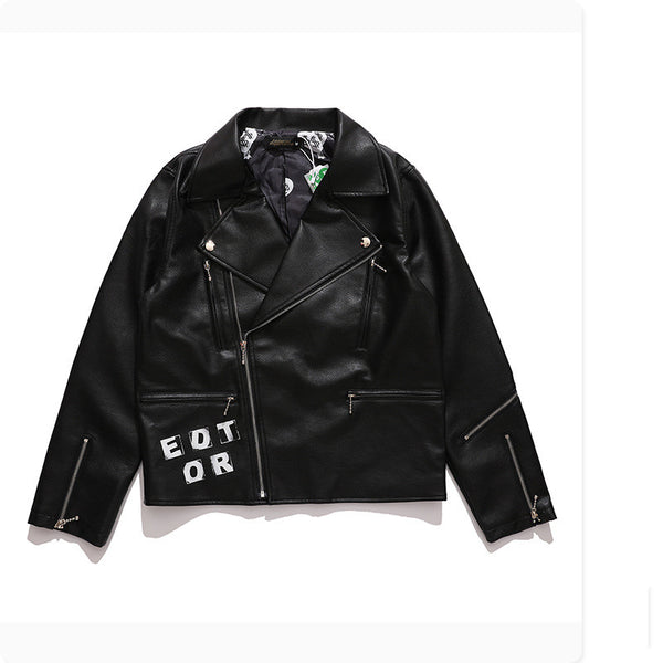 Chaqueta de Cuero para Hombre con Estampado de Letras y Cierre