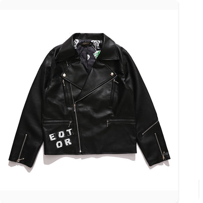 Chaqueta de Cuero para Hombre con Estampado de Letras y Cierre