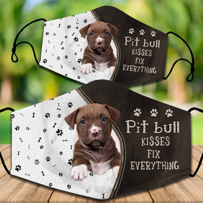 Two cotton face masks with a Bichon Frise dog, paw prints, and bones on a white and brown background. Text reads "Bichon Frise KISSES FIX EVERYTHING." - Image 53