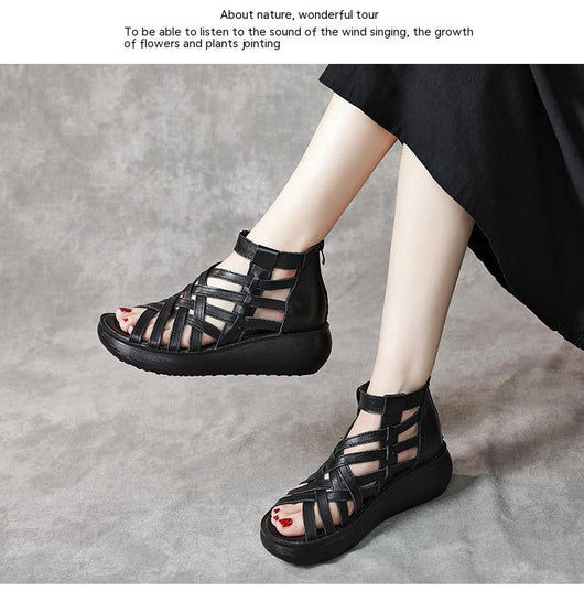 Sandalias Étnicas Retro con Cuña - Botas Tipo Sandalia de Cuero Genuino para Mujer - Image 28