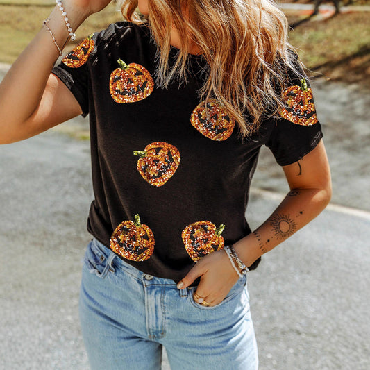 Blusa Suelta Halloween con Lentejuelas y Costuras Decorativas