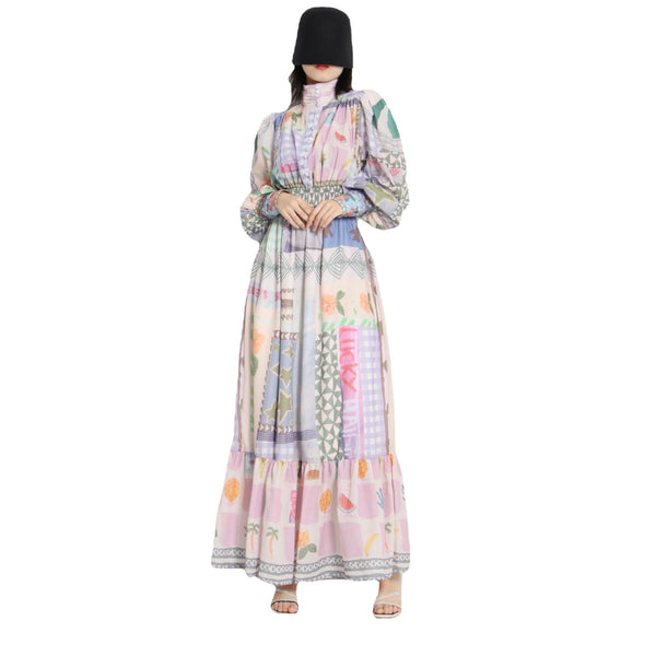 Vestido Largo Estilo Resort con Cuello de Pie y Mangas Largas Estampado para Mujer - Image 5